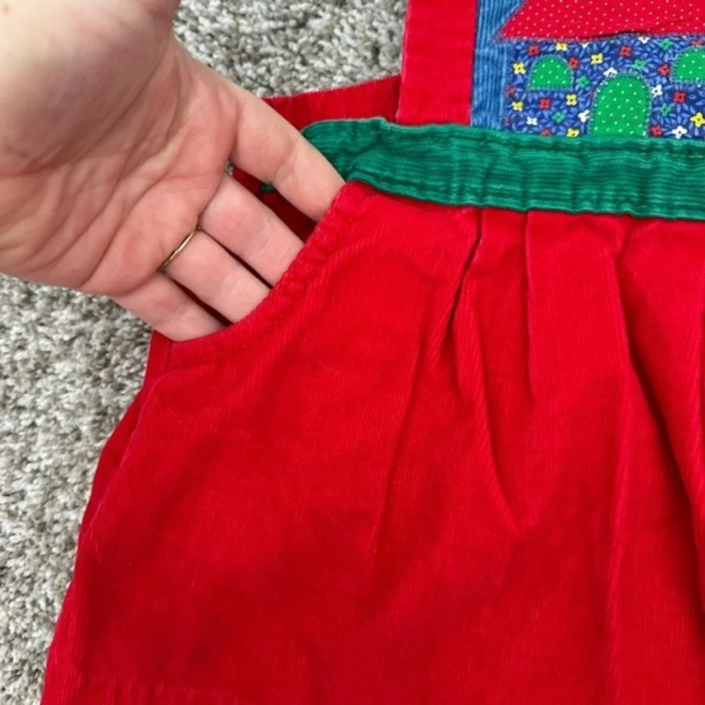 Vintage Corduroy‎ Jumper Dress Cottagecore Red Green Girl's Applique House